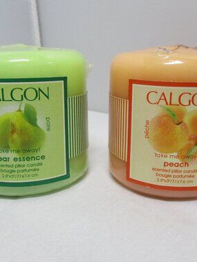 2 NOS New Calgon Scented Pillar Candles Pear and Peach by Coty